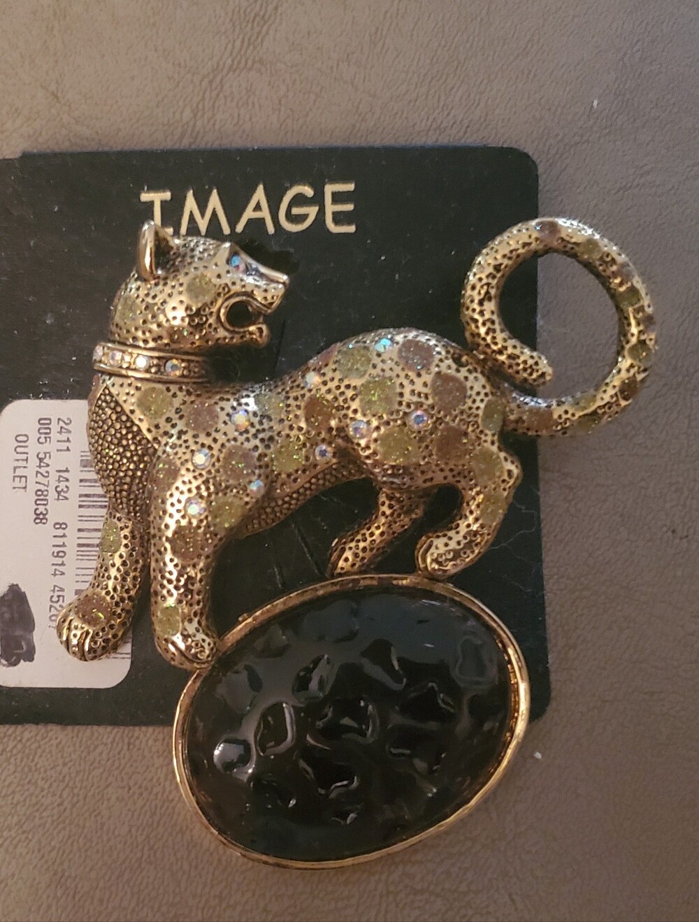 Gold-tone Leopard Brooch with Black Resin Accent